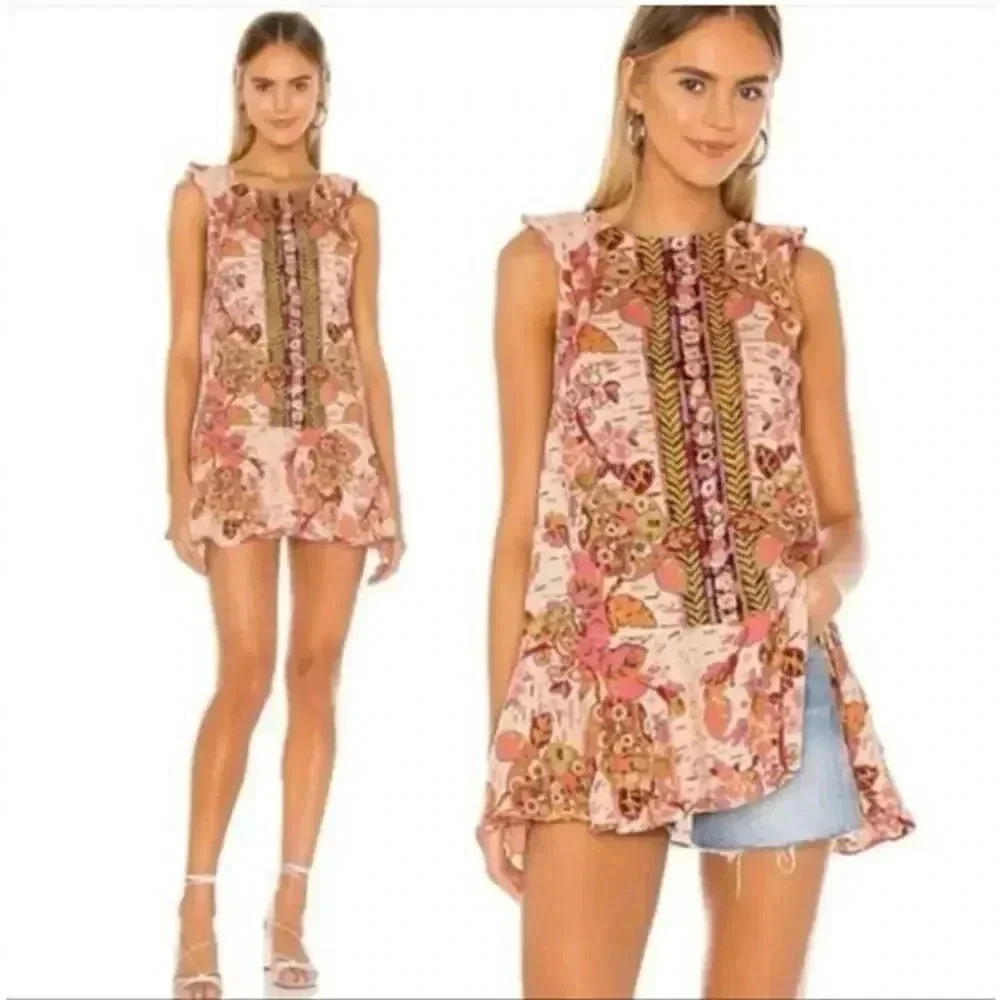 Free People Pink Floral Boho Tunic Top